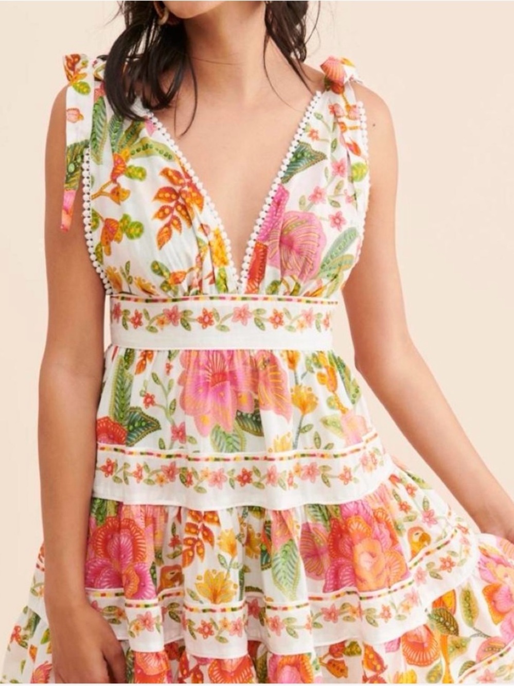 Farm Rio Floral Macaw Bloom Tie-Shoulder Floral Tiered Mini Dress